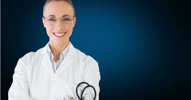 Digital composition of happy female doctor standing against blue background