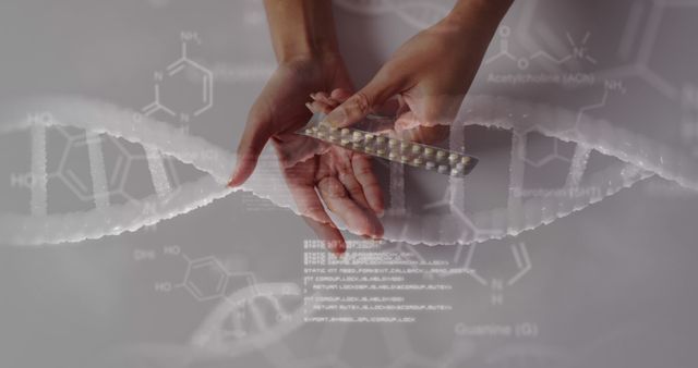 Hands Holding Pills with DNA Helix and Chemical Formulas Background - Download Free Stock Images Pikwizard.com