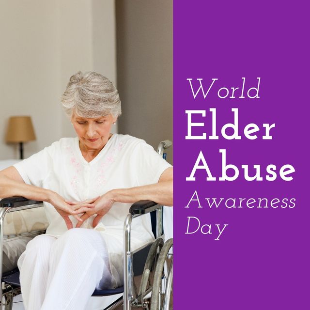 Image depicts an elderly woman sitting in a wheelchair, looking down with a somber expression. Purple text overlay highlights World Elder Abuse Awareness Day. This visual can be used for creating awareness materials, support resources, social media posts, and campaigns emphasizing the importance of elder care and preventing elder abuse. Ideal for NGOs, healthcare organizations, and advocacy groups focusing on the protection and well-being of seniors.