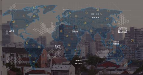Global data network on urban cityscape background
