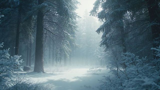 Serene Snow-Covered Clearing in Winter Forest with Misty Glow