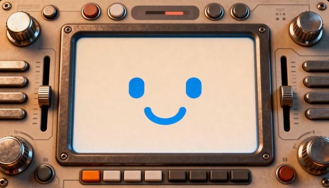 Retro control console showing friendly blue smiley on central screen with knobs and dials