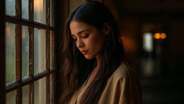 Young woman gazing through vintage paned window in warm moody interior