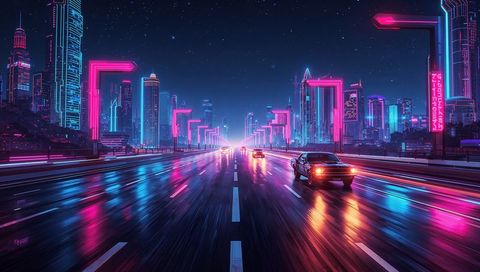 Driving muscle car on rain-slick neon highway at night with cyberpunk city vanishing-point