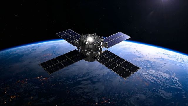 High-Orbit Communications Satellite with Cross Solar Arrays Orbiting Blue Earth Limb