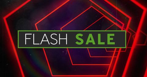 Flash Sale Sign with Red Neon Hexagons on Dark Background