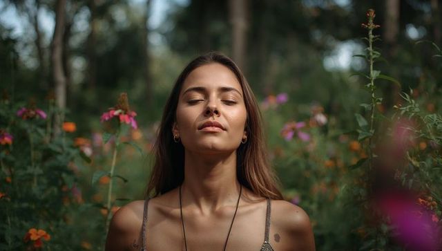 Young woman basking in sunlight among wildflowers in woodland clearing