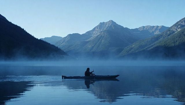 Paddling kayaker gliding across misty alpine lake at dawn with mountain reflection