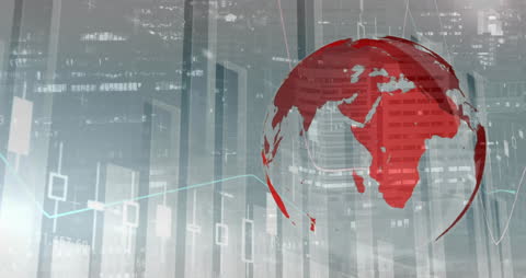 Globe and Financial Charts Over Cityscape Background