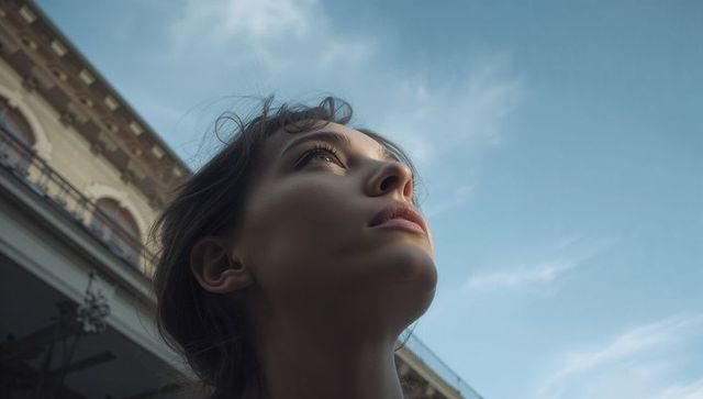 Gazing young woman tilting head up against blue sky with ornate balcony