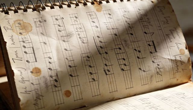 Vintage spiral-bound manuscript notebook featuring handwritten sheet music and coffee stains