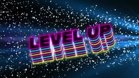 Retro Neon Level Up Graphic with Sparkling Effects
