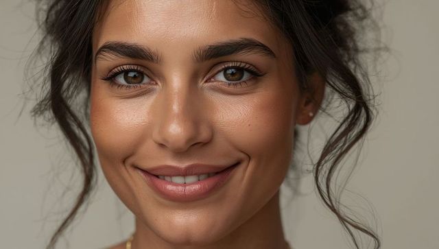 Natural glowing female headshot smiling with stud earring and thin gold necklace closeup