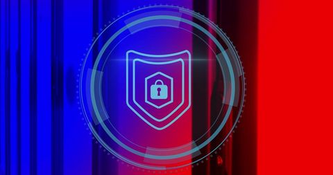 Digital security shield icon overlay in data center