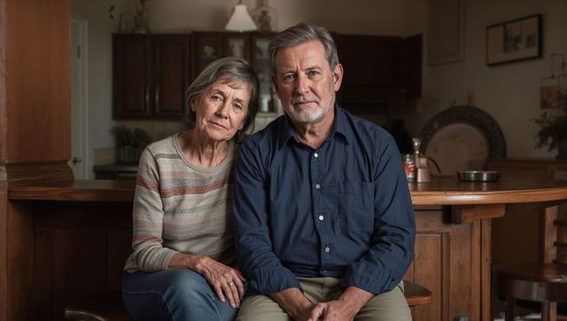Sitting senior couple leaning at kitchen island showing quiet companionship and warmth