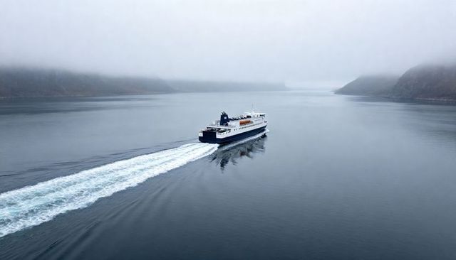 Passenger ferry cruising through misty fjord leaving white wake across calm gray waters