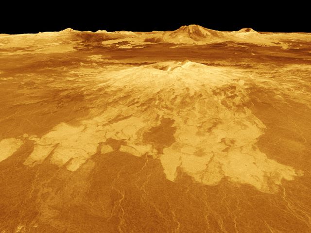 Sapas Mons is displayed in the center of this computer-generated three-dimensional perspective view from NASA's Magellan spacecraft of the surface of Venus.   http://photojournal.jpl.nasa.gov/catalog/PIA00107