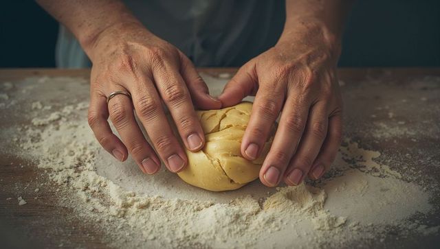 Hands kneading dough on flour-dusted surface