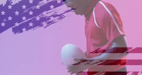 Rugby Player Holding Ball with Abstract American Flag