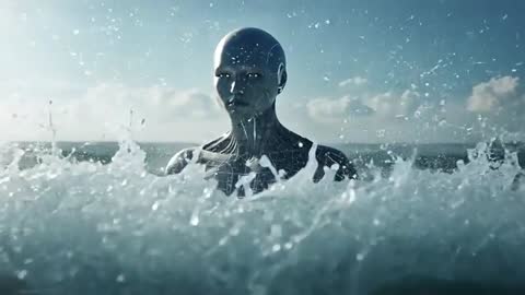 Futuristic android emerging from ocean waves with glowing circuitry and observing horizon