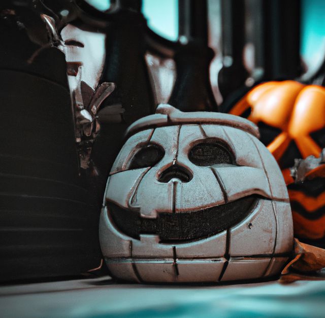 Image of close up of halloween decoration with scary carved pumpkins. Halloween festivity, celebration, culture and tradition concept.