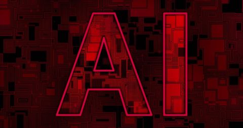 AI Text on Abstract Red Geometric Digital Background