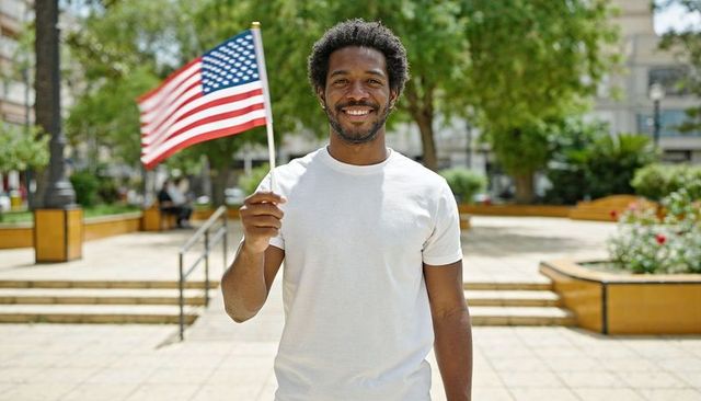 Smiling man waving united states flag in sunlit downtown plaza