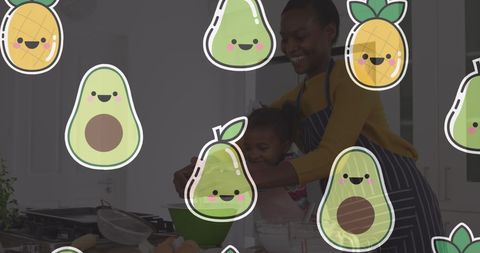 Mother and Daughter Baking with Cute Fruit Overlay