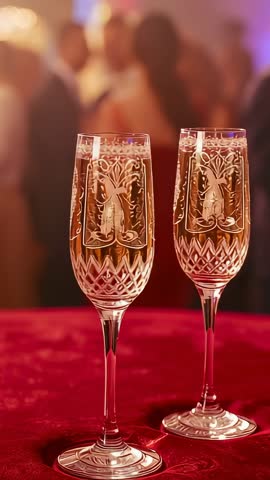 Panning around crystal champagne flutes on red tablecloth revealing elegant ballroom party