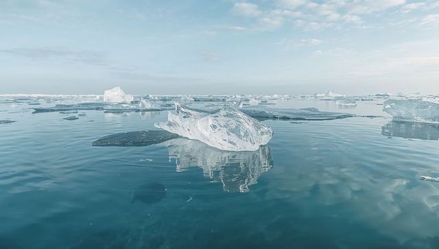 Crystal ice floe floating on glassy polar sea with mirrored reflection and scattered floes