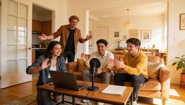 Friends recording cozy home podcast on couch with laptop and condenser microphone