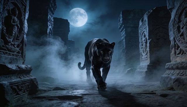 Black panther prowling moonlit temple ruins misty corridor digital fantasy wildlife