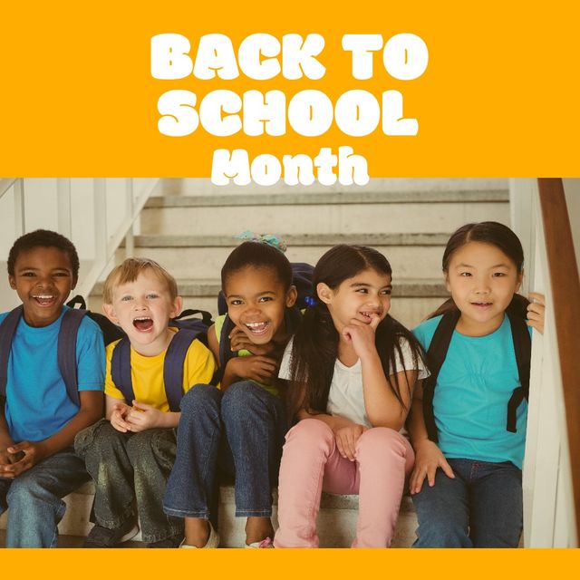 Composite of multiracial children with backpacks sitting on steps and back to school month text. copy space, happy, yellow, student, togetherness, childhood, education and school concept.