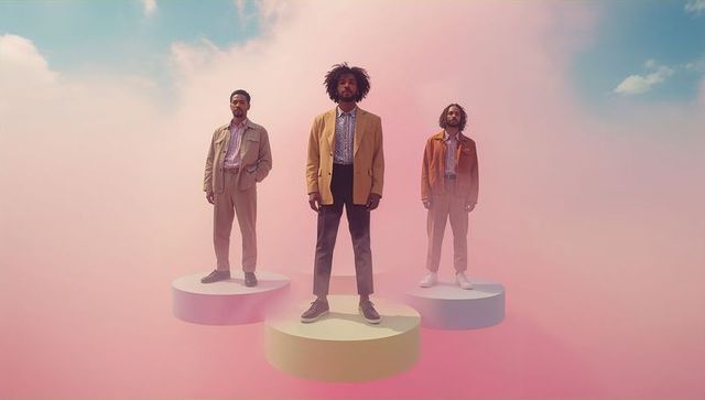 Trio of Fashion Models in Stylish Blazers on Pastel Podiums