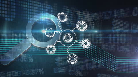 Digital Network with Search Icon Highlighting Data Connections