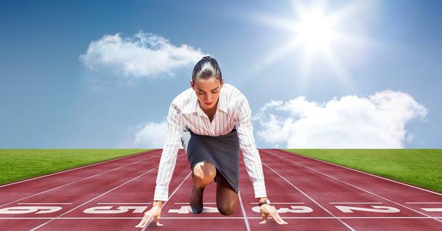 Businesswoman in starting position on tracks - Download Free Stock Photos Pikwizard.com