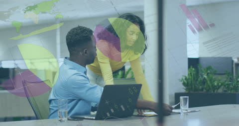 Diverse Team Analyzing Financial Data with Digital Overlay in Office