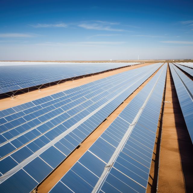 Expansive solar farm showcasing rows of reflective panels installed in a desert setting under clear blue sky. Could be used for illustrating sustainable energy solutions, promoting green technology, environmental initiatives, and clean energy projects.