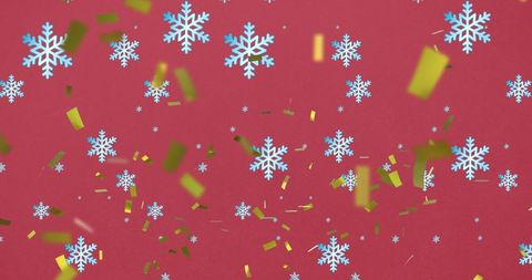 Festive Snowflakes and Confetti Falling on Red Background