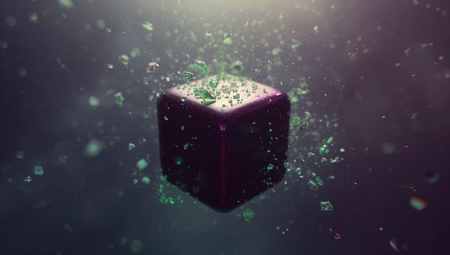 Futuristic cube with shattered green fragments in digital space