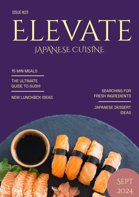 This cover image of Elevate Magazine focuses on the rich tradition of Japanese cuisine, highlighting elegantly arranged sushi. The enticing layout and emphasis on fresh ingredients make this image suitable for publications on culinary arts, Japanese food trends, and gourmet cooking recipes. Ideal for use in marketing materials for food-related events, upscale restaurant promotions, or as an engaging visual for editorial content in culinary magazines.