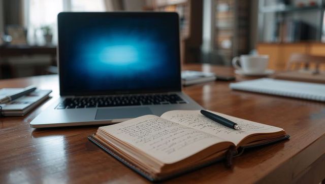 Open leather journal with handwritten notes and pen on wooden desk beside glowing laptop