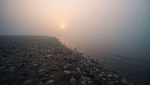 Misty lakeshore with diffuse sunlight over pebbled edge