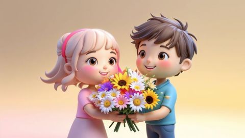 Cheerful Kids Holding Vibrant Bouquet in Pastel Background