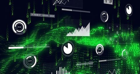 Neon green data wave visualizing streaming analytics with binary matrix and dashboard UI