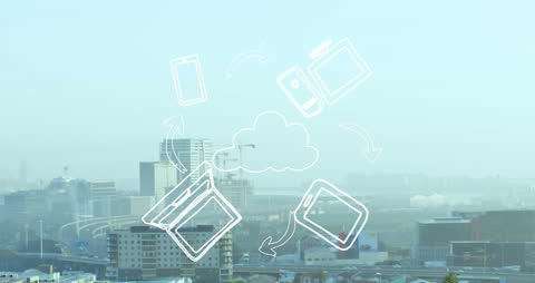 Animated Business Icons Over Cityscape with Tech Concept