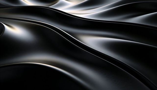 Flowing Glossy Black Waves Reflecting Light on Smooth Metallic Surface Abstract Minimal