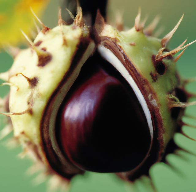 Close-up view of a chestnut emerging from its spiky protective bur in a natural environment with a green background. Ideal for use in autumn-themed promotions, nature studies, botanical illustrations, educational materials, and seasonal advertising.