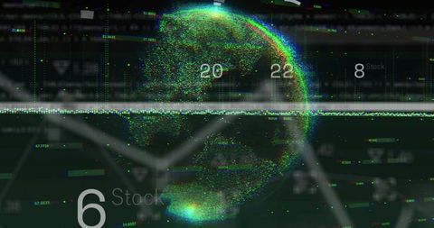 Holographic particle globe hud with neon glitch data visualization and real-time dashboard