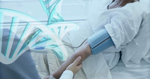 Doctor Checking Patient Blood Pressure with DNA Overlay in Hospital